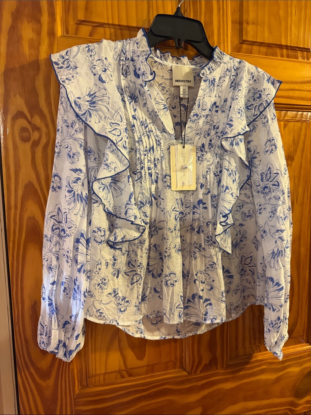 Industry Blue and White Floral Ruffle Blouse for Women